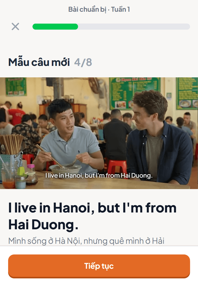 Gói chuẩn bị mở trên điện thoại: một câu mẫu có nút nghe, cùng phần nói theo chậm và tốc độ thường